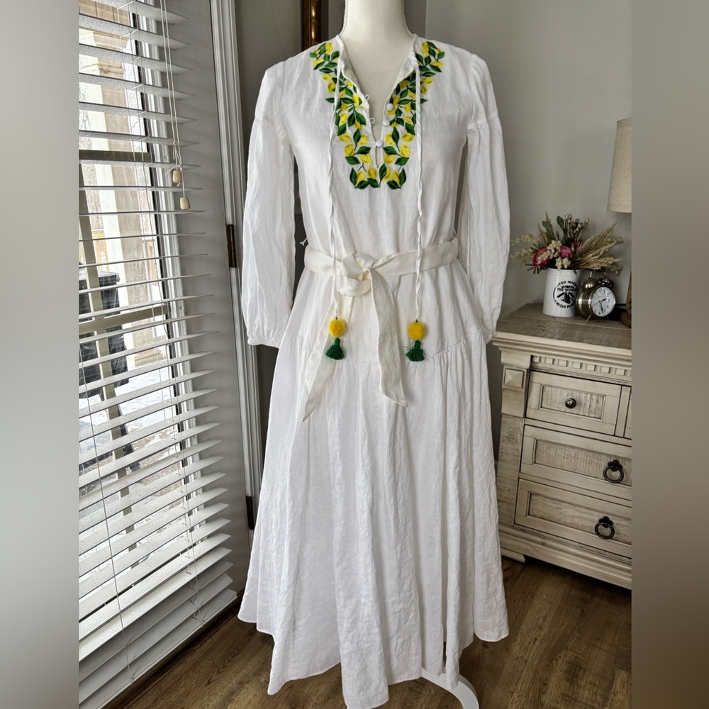 Kate Spade Embroidered lemon tie waist linen shirt dress size XXS EUC